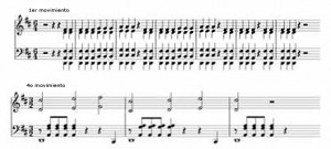 Motivo melódico-rítmico inicial, sobre tres notas ascendentes, y su transformación en el último movimiento.