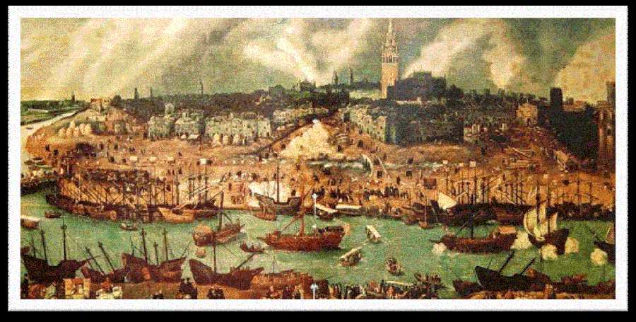 Flotillas de barcos en el puerto de Sevilla, siglo XVI