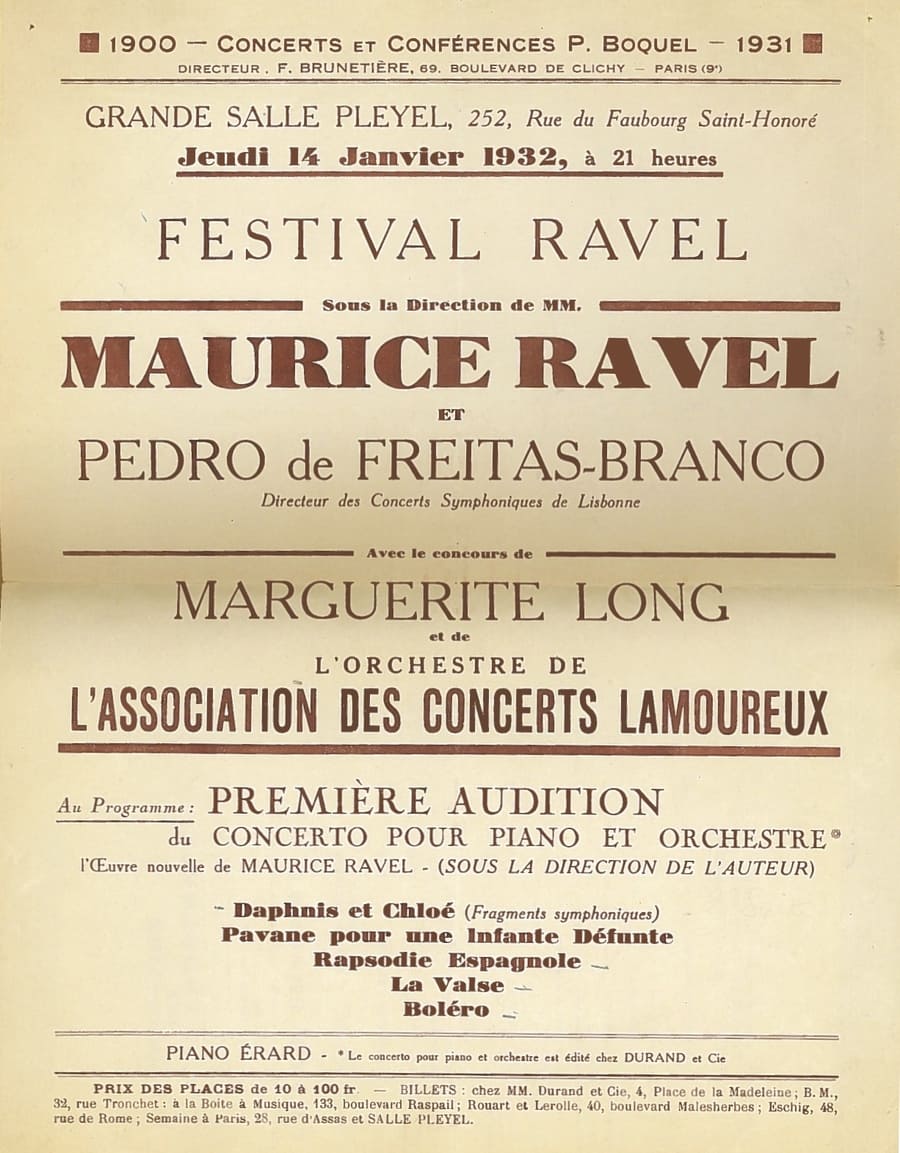 Afiche de la primera audición del Concierto en Sol de Ravel