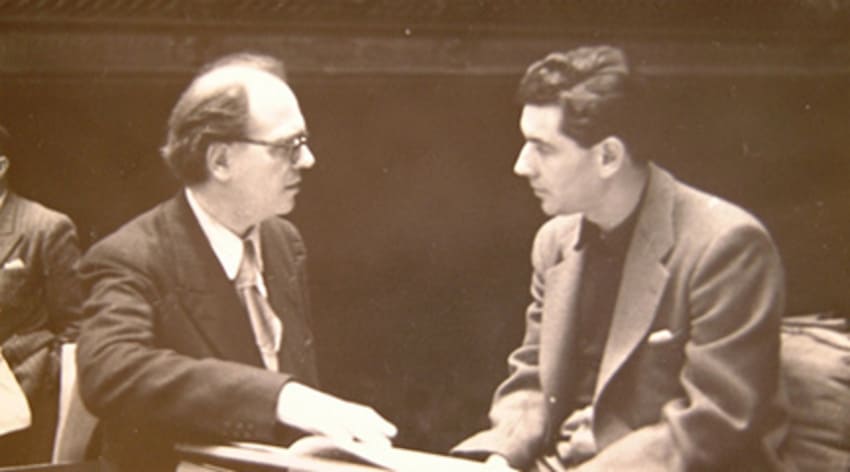 Olivier Messiaen y Leonard Bernstein durante un ensayo