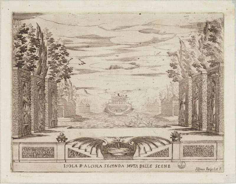 Segundo cambio de escena de La liberazione di Ruggiero dall’isola d’Alcira, dibujo de Alfonso Parigi