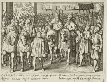 Procesión del papa Clemente VII y del emperador Carlos V tras la coronación imperial del 24 de febrero de 1530 en Bolonia, grabado de Matthäus Merian y Antonio Tempesta, 1615-161 © Herzog Anton Ulrich-Museum Braunschweig (HUAM)