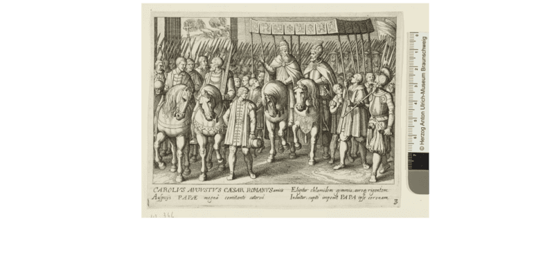 Procesión del papa Clemente VII y del emperador Carlos V tras la coronación imperial del 24 de febrero de 1530 en Bolonia, grabado de Matthäus Merian y Antonio Tempesta, 1615-161 © Herzog Anton Ulrich-Museum Braunschweig (HUAM)