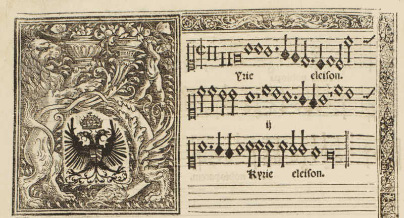 Detalle de la partitura de la Missa Mille regretz con el escudo de Carlos V