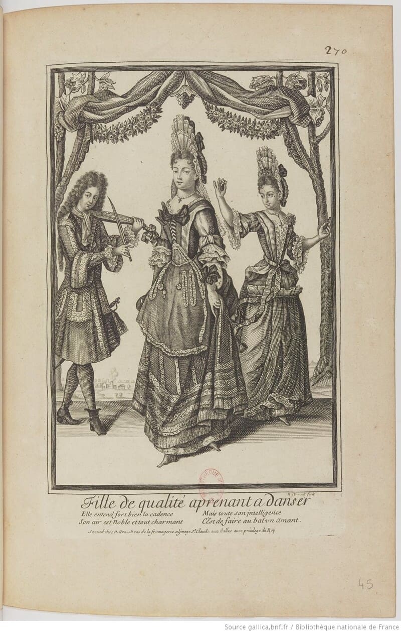 Arnould, 'Fille de qualité aprenant à danser'. Danzas para dos reinas