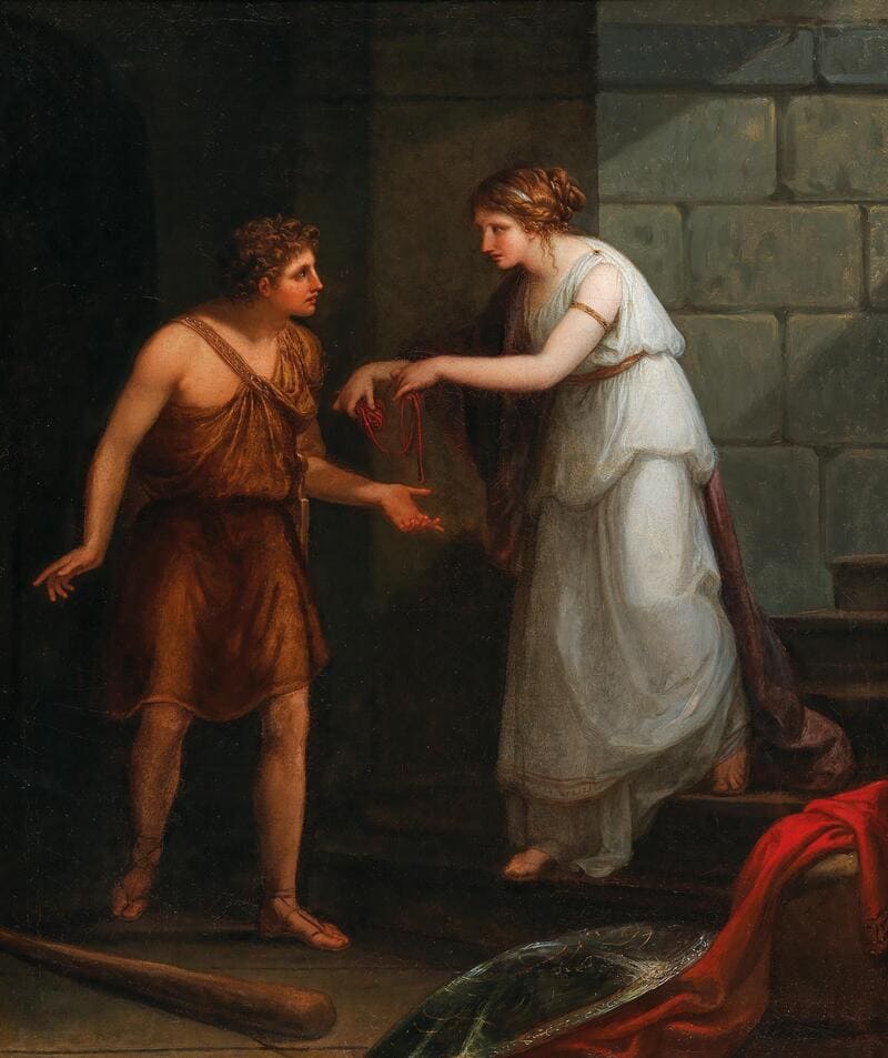 Ariadna le entrega una bola de hilo a Teseo, por Angelica Kauffmann