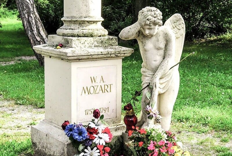 Monumento a Mozart en el antiguo cementerio (hoy parque) de St. Marx en Viena, en el lugar donde pudo haber sido enterrado