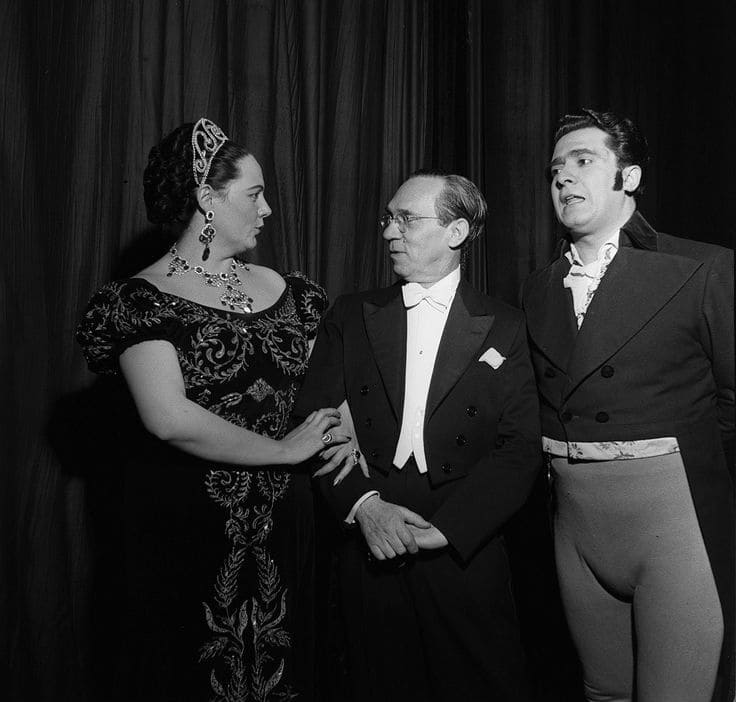 Renata Tebaldi, Antonino Votto y Giuseppe Di Stefano en Tosca, 1954