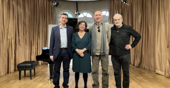 Víctor Padilla, Laura Prieto, Alfonso Carraté y David del Puerto en la presentación del 1º Intercentros Melómano-Premio de Composición Fundación SGAE