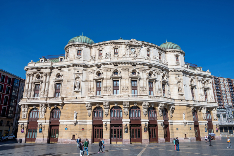 Bilbao, Spain- May 28, 2024: The front of Arriaga Theatre in Bilbao